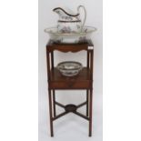 A Georgian mahogany bedroom washstand with Spode ceramic wash basin, jug and soap dish over single