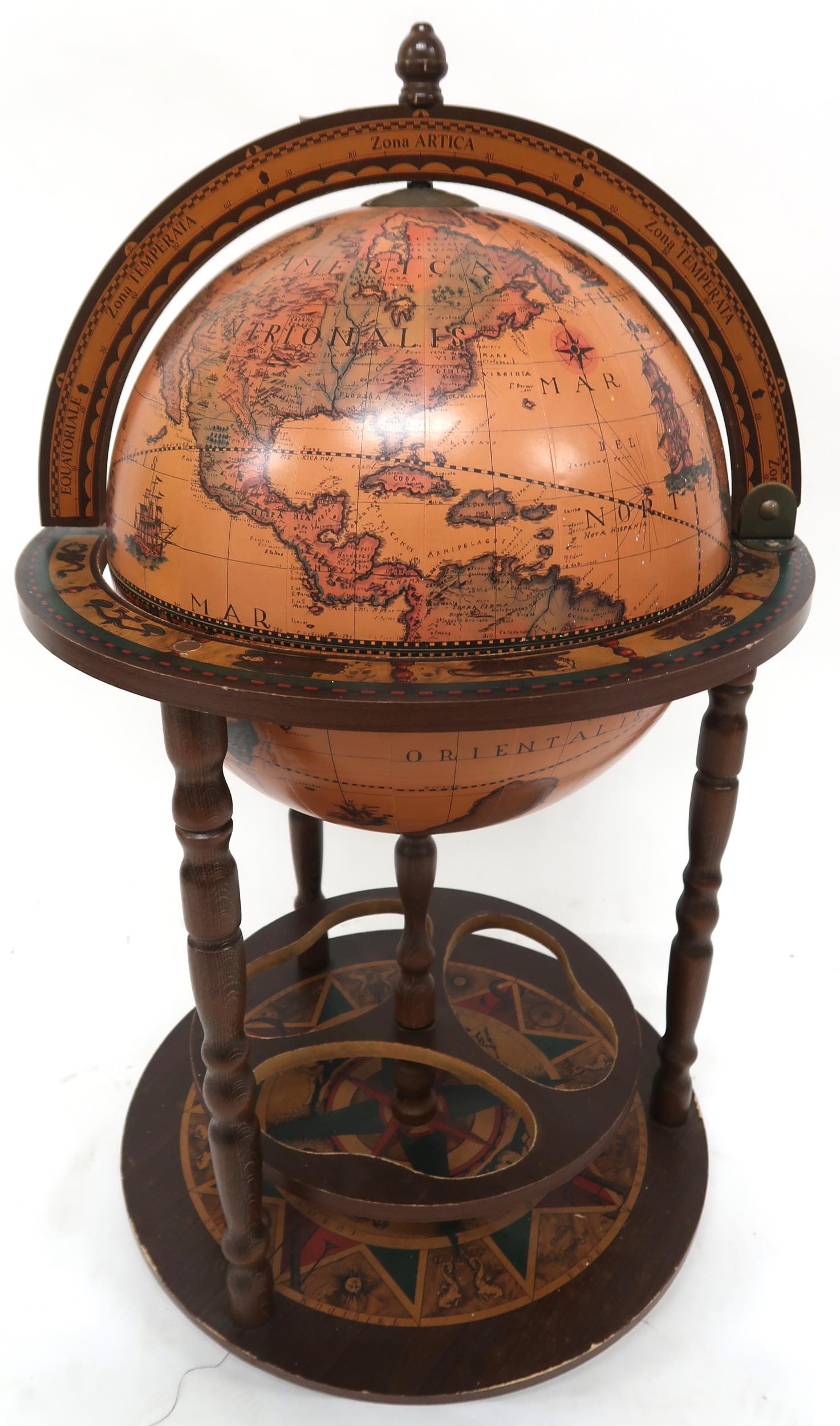 A 20th century Zoffoli Italian drinks globe with hinged top concealing fitted interior, 88cm high