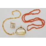 A 9ct gold mounted citrine fob seal, a 14k cage pendant, weight 1.3gms without faux pearl, a