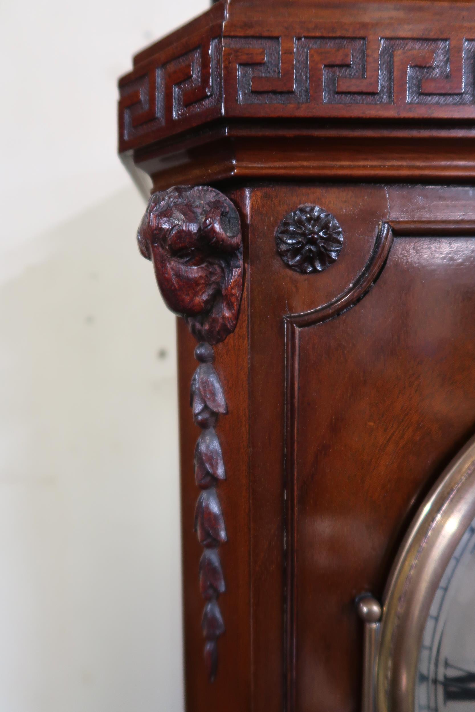 A 20th century mahogany cased mantle clock with Grecian key design over silvered dial bearing - Image 3 of 8