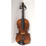 A two piece back violin 36cm together with white metal mounted bow 55 grams and wood case