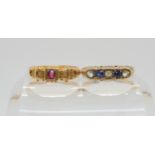 A 15ct gold (af) red gem and pearl ring, size O, weight 2.4gms, together with a 9ct gold blue and