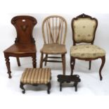 A mixed lot to include oak hall chair with carved back, elm rail back kitchen chair, walnut framed