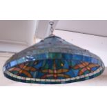 A 20th century Tiffany style stained leaded glass ceiling shade with dragonfly design, 53cm diameter