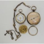 A silver case open pocket watch with hallmarks for 1873, two (af) fob watches and a white metal