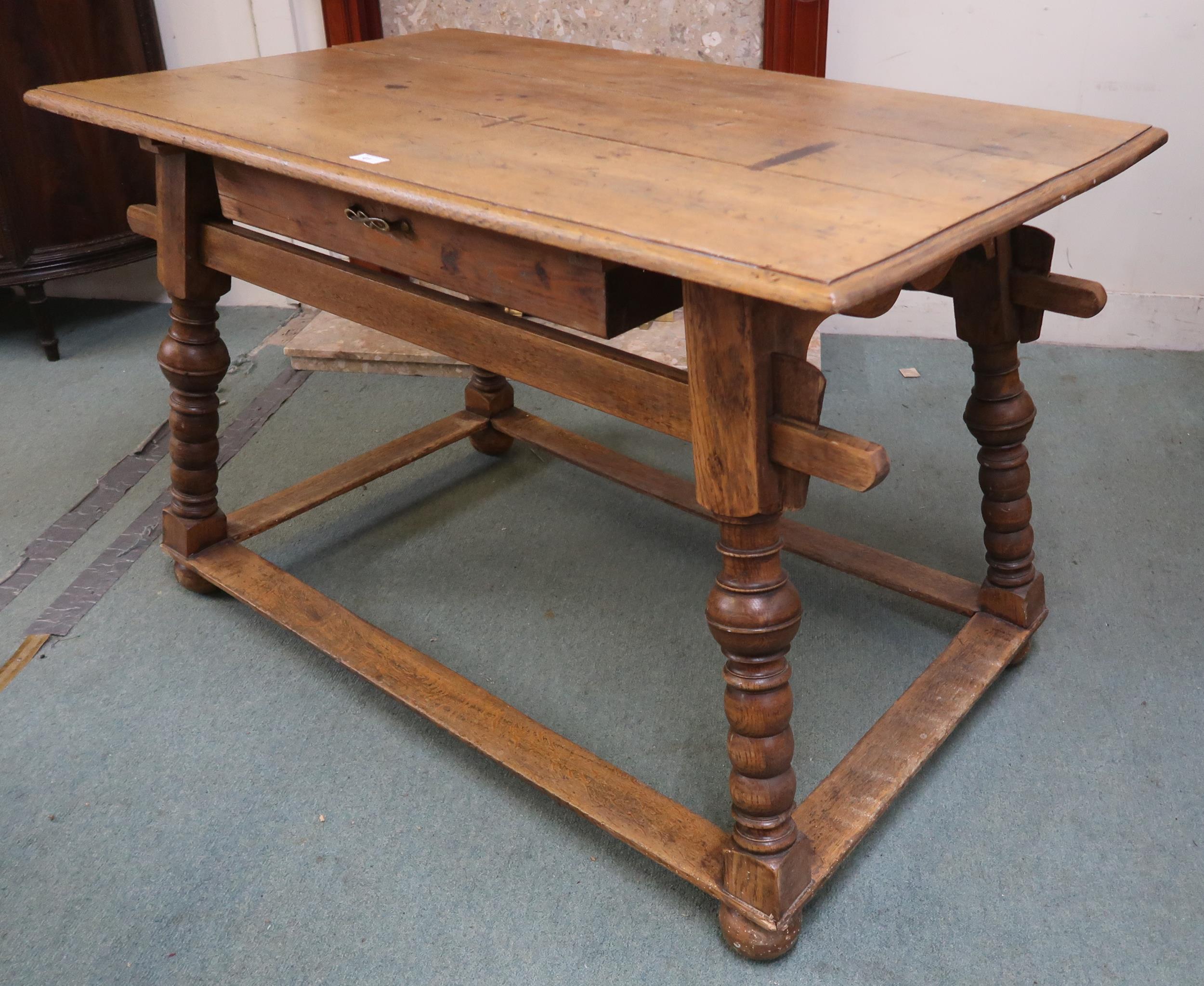 A 18th/19th oak continental table with rectangular top with single drawer on stretchered turned - Image 6 of 7