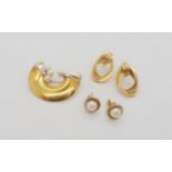 A 9ct gold pearl set brooch and earrings, together with a pair of yellow metal earrings, weight