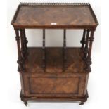 A Victorian burr walnut music cabinet with brass galleried satinwood inlaid top over open shelf