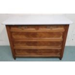 A 20th century reproduction marble topped two over three chest of drawers with quarter veneered