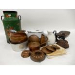 A mixed lot to include barge ware milk churn, copper bunt pans, enamel ware basin, bread bin etc