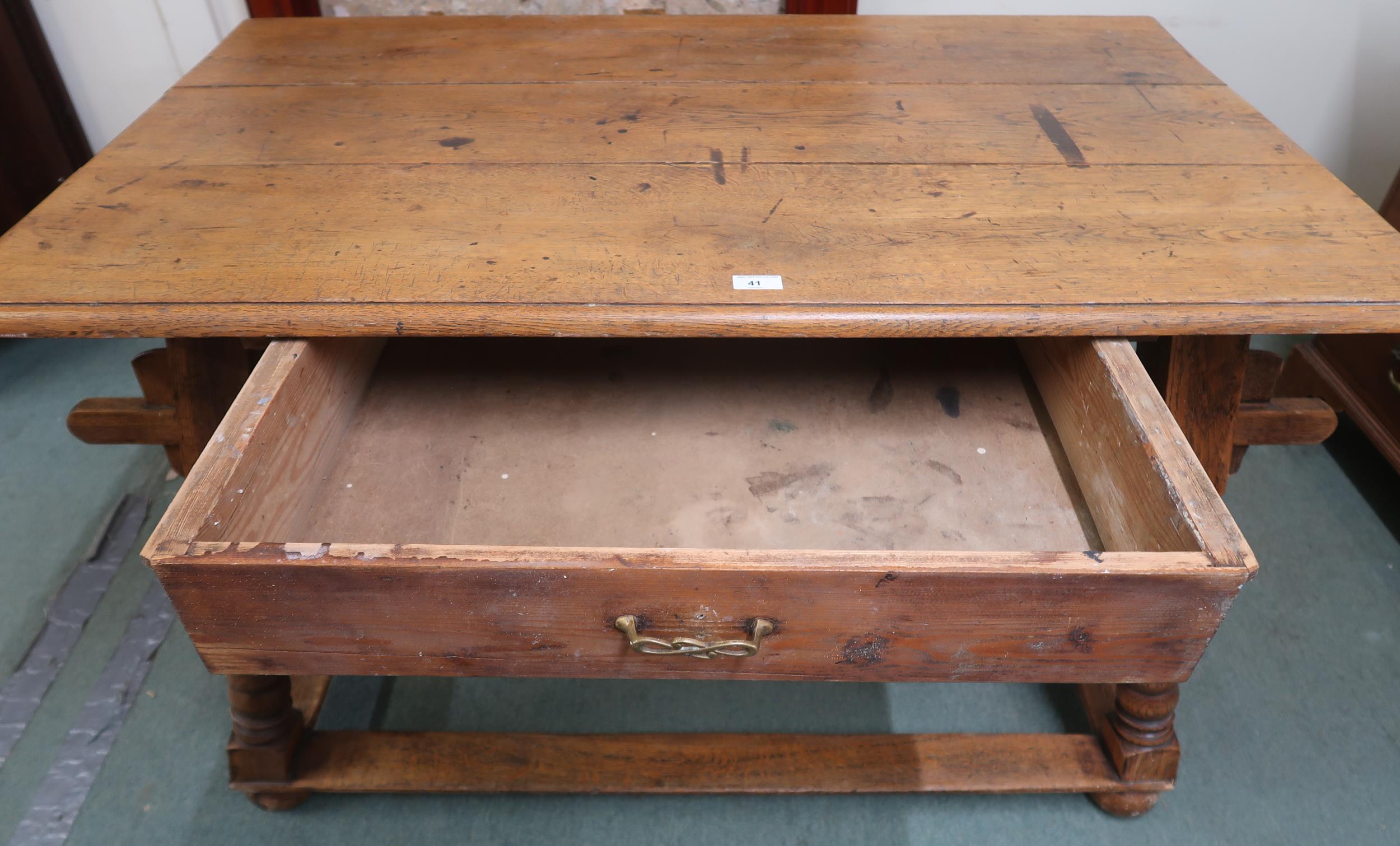 A 18th/19th oak continental table with rectangular top with single drawer on stretchered turned - Image 3 of 7