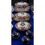 A Royal Crown Derby soup tureen and stand, large platter, two smaller, two vegetable tureens, one