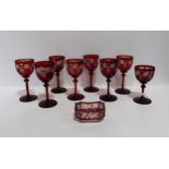 A set ruby flashed and cut drinking glasses, and a similar rectangular dish Condition Report: