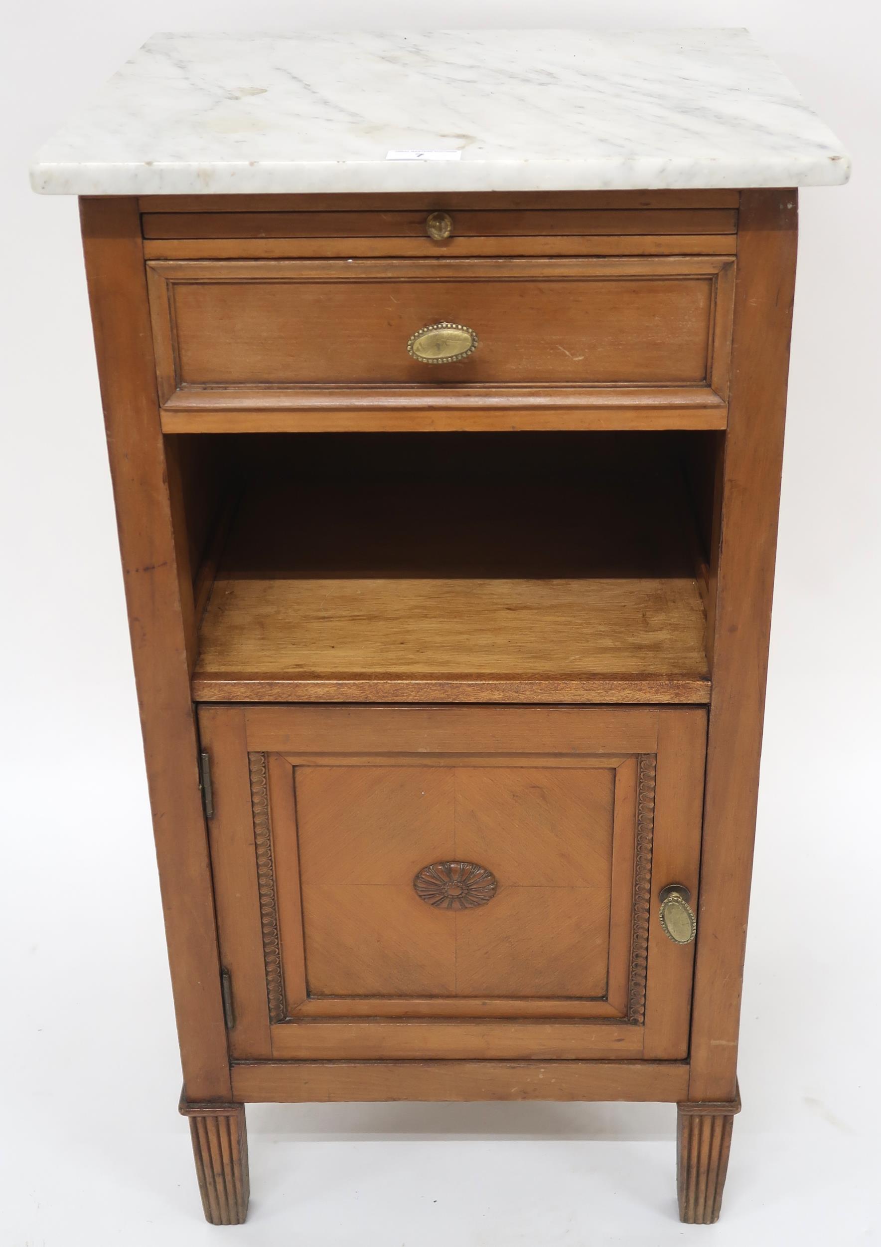 A 20th century mahogany marble topped bedside table with pull out slide over single drawer over