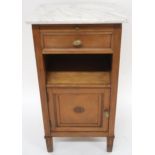 A 20th century mahogany marble topped bedside table with pull out slide over single drawer over