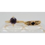 A 9ct gold retro amethyst ring, size P, weight 3.1gms, and a 14ct gold sapphire and clear gem