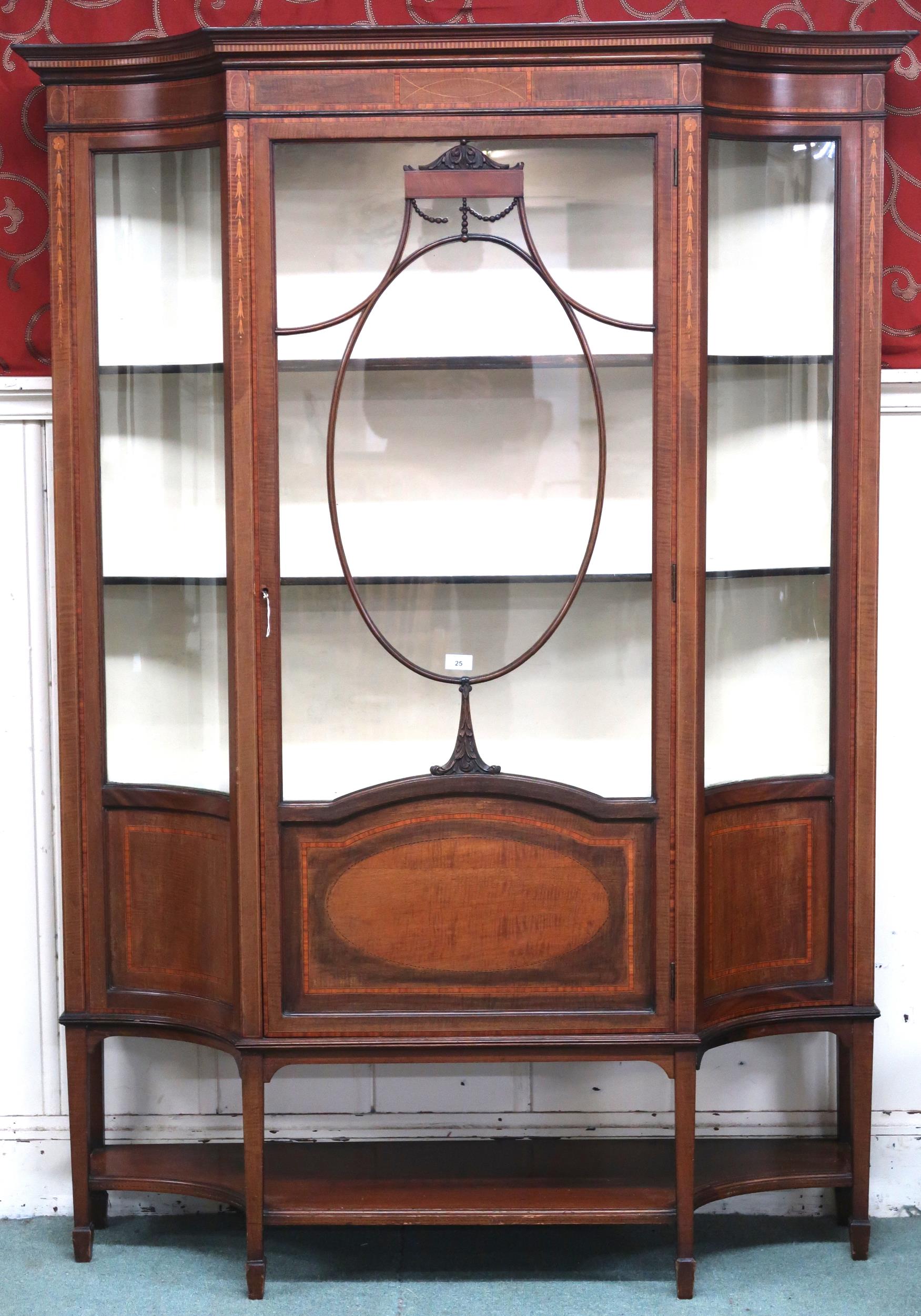 An Edwardian mahogany and satinwood inlaid display cabinet with moulded cornice over single glazed