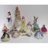 A collection of Coalport miniature ladies two Doulton ladies, a Beswick Beatrix Potter Peter