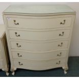 A 20th century continental style white painted serpentine front chest of five drawers, 109cm high