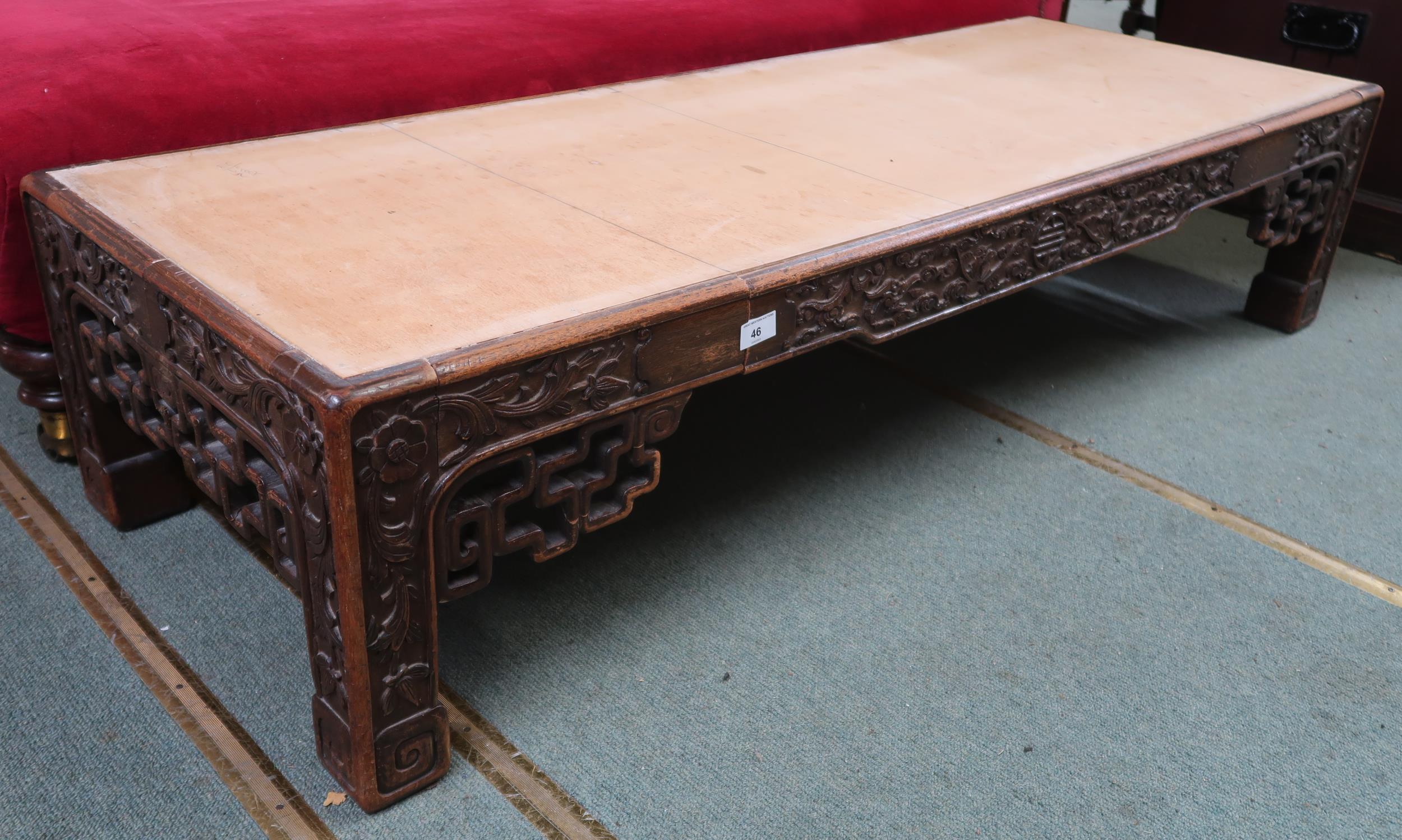 A 19th century Oriental hardwood low coffee table with extensively carved fretwork friezes on shaped - Image 8 of 8