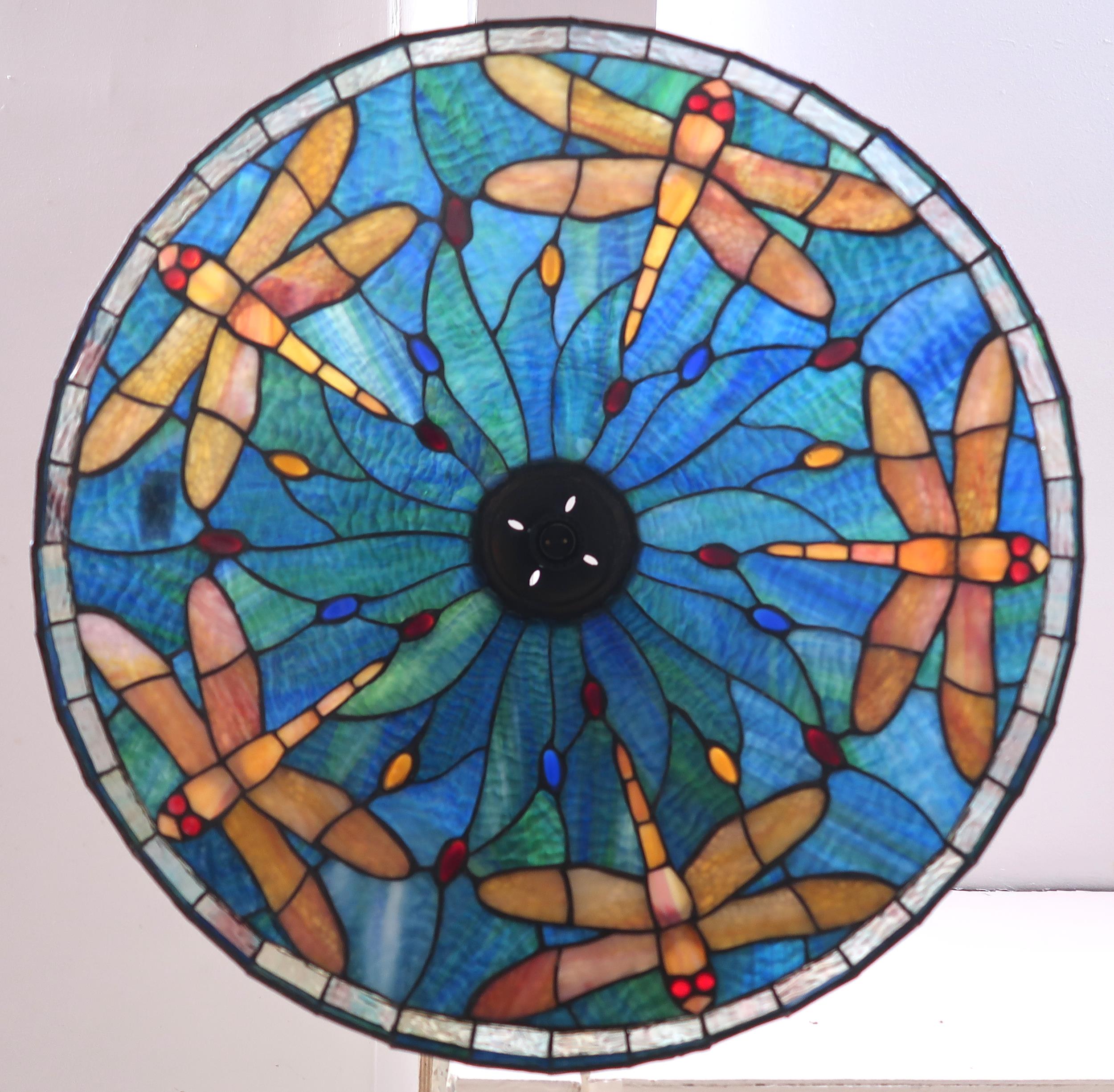 A 20th century Tiffany style stained leaded glass ceiling shade with dragonfly design, 53cm diameter - Image 2 of 6