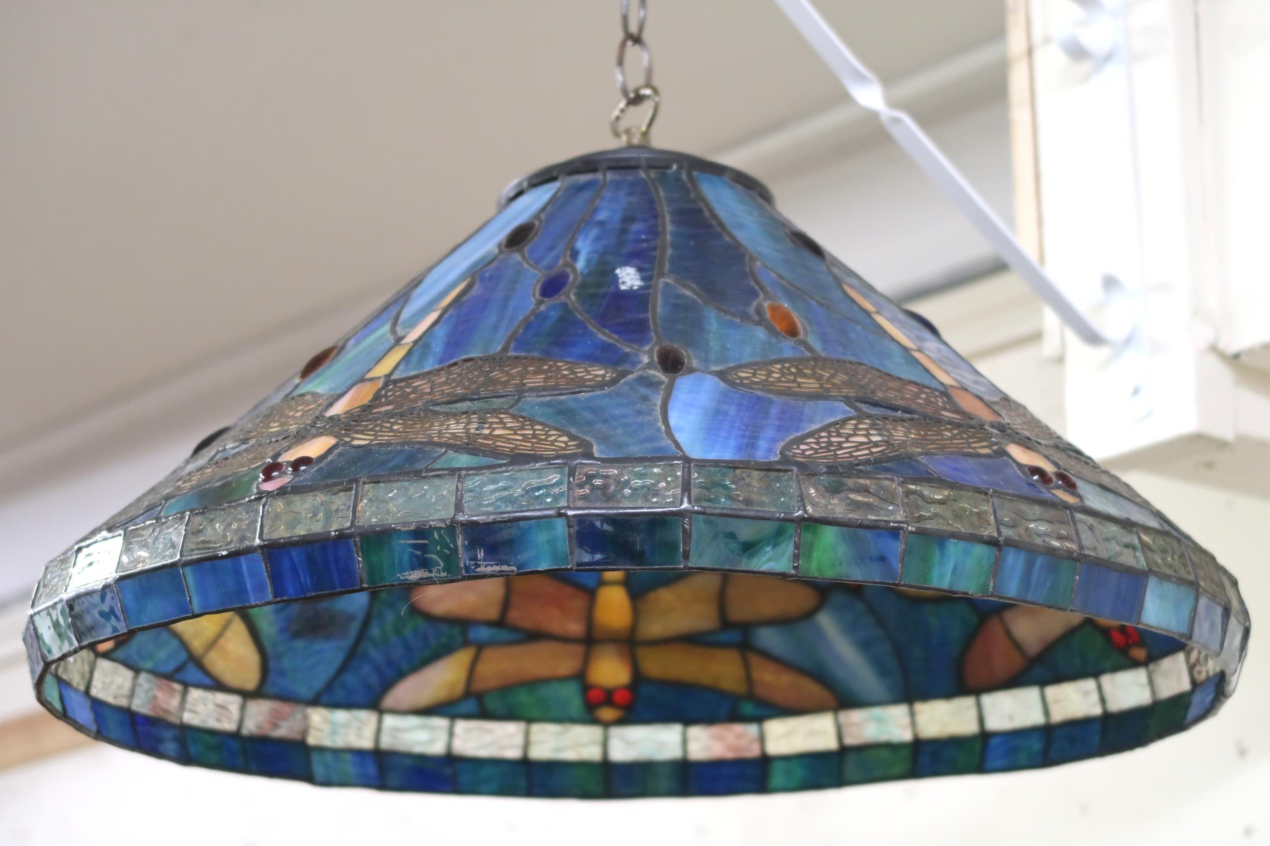 A 20th century Tiffany style stained leaded glass ceiling shade with dragonfly design, 53cm diameter - Image 6 of 6