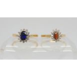 A 9ct gold blue gem and diamond cluster ring, size I1/2, together with a 9ct gold garnet cluster