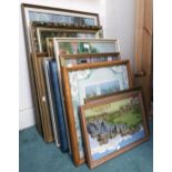 A large mixed lot consisting sixteen assorted framed tapestries, silk works etc, some depicting