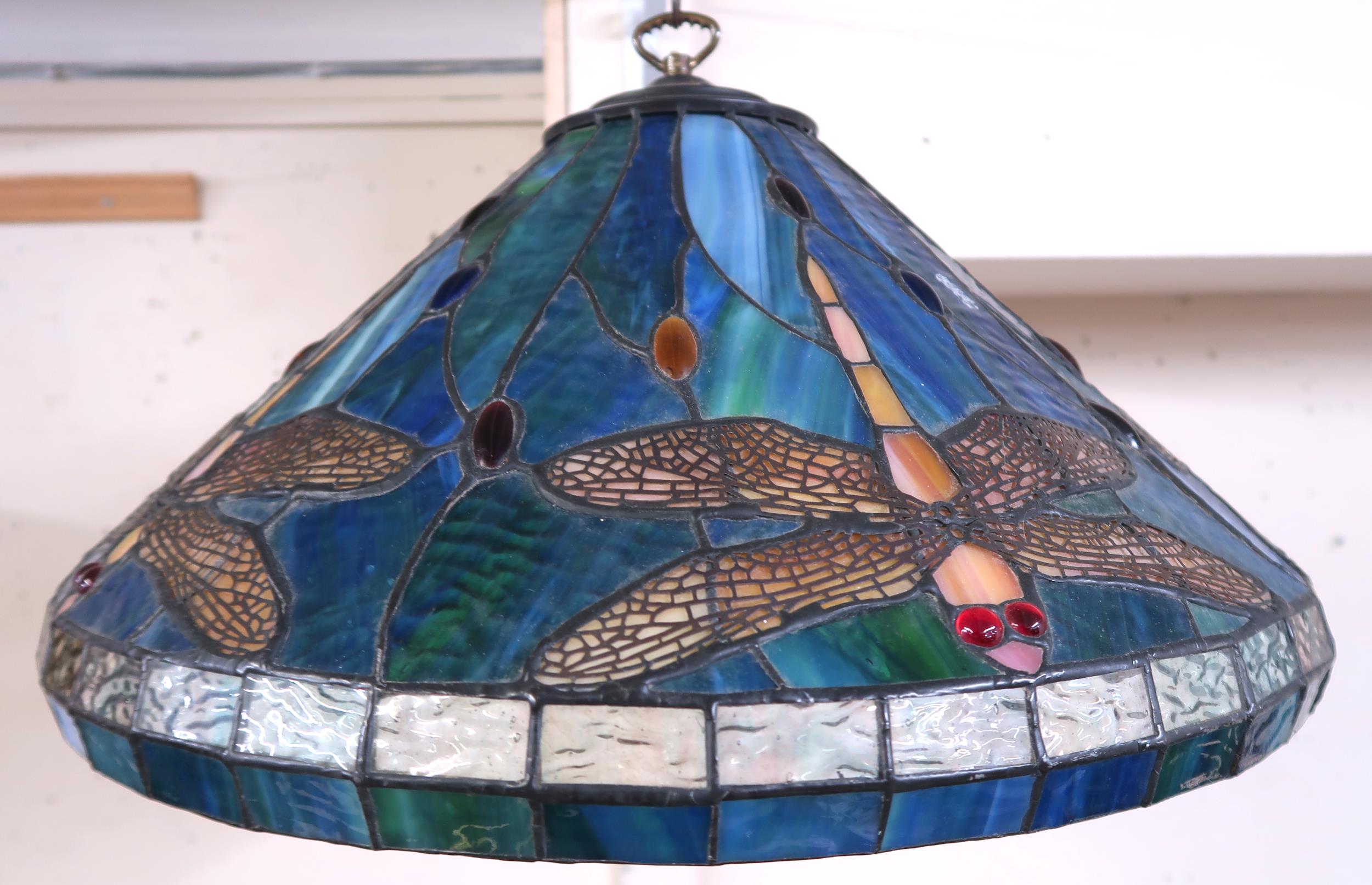 A 20th century Tiffany style stained leaded glass ceiling shade with dragonfly design, 53cm diameter - Image 3 of 6