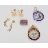 A 15ct gold amethyst and pearl brooch, weight 3.4gms, two pairs of yellow metal earrings and a 9ct