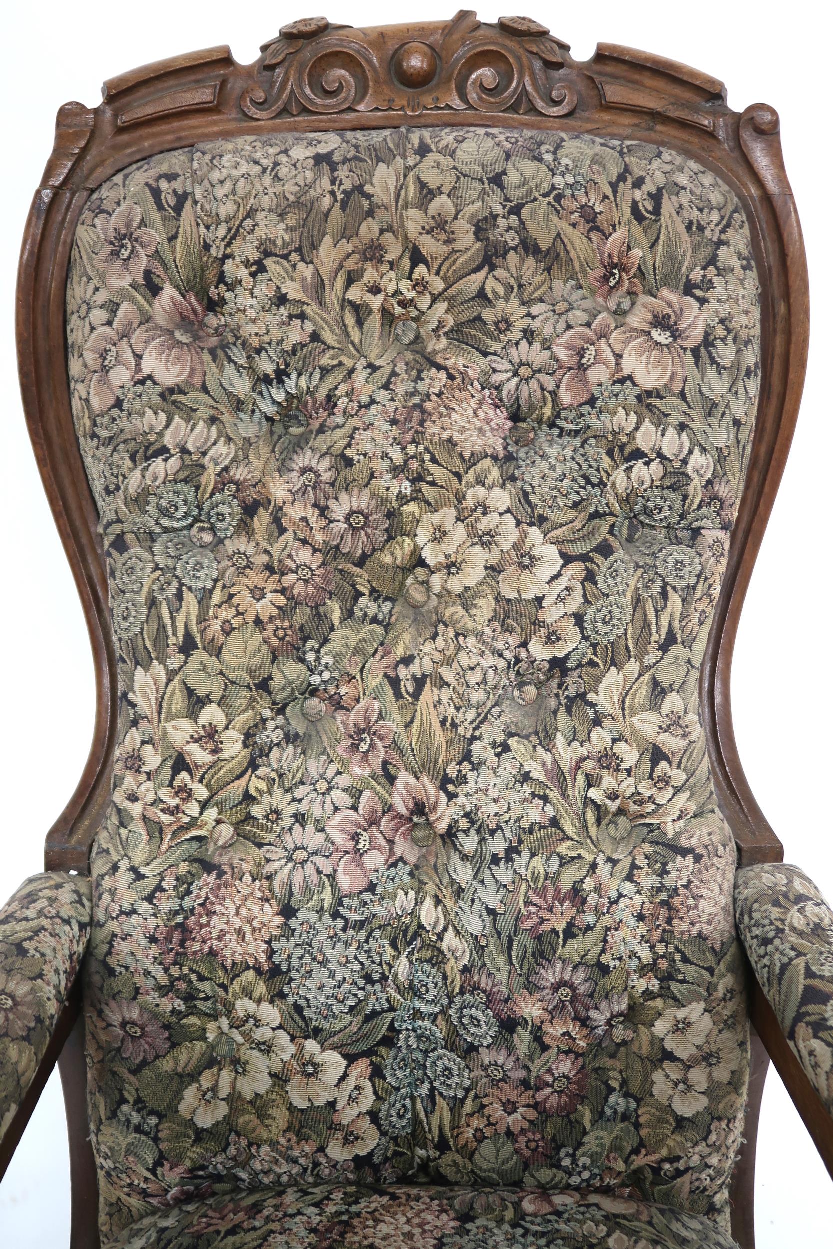 A Victorian walnut framed rocking chair with floral button back upholstery, carved scrolled arms - Image 3 of 6