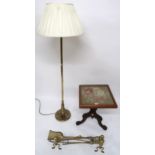A Victorian mahogany tapestry topped occasional table on tripod base, brass standard lamp and