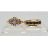 A 9ct gold amethyst and clear gem set ring, size M, together with a 9ct gold five sapphire ring,