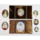 A collection of seven various portrait miniatures, to include four painted on ivory; the large