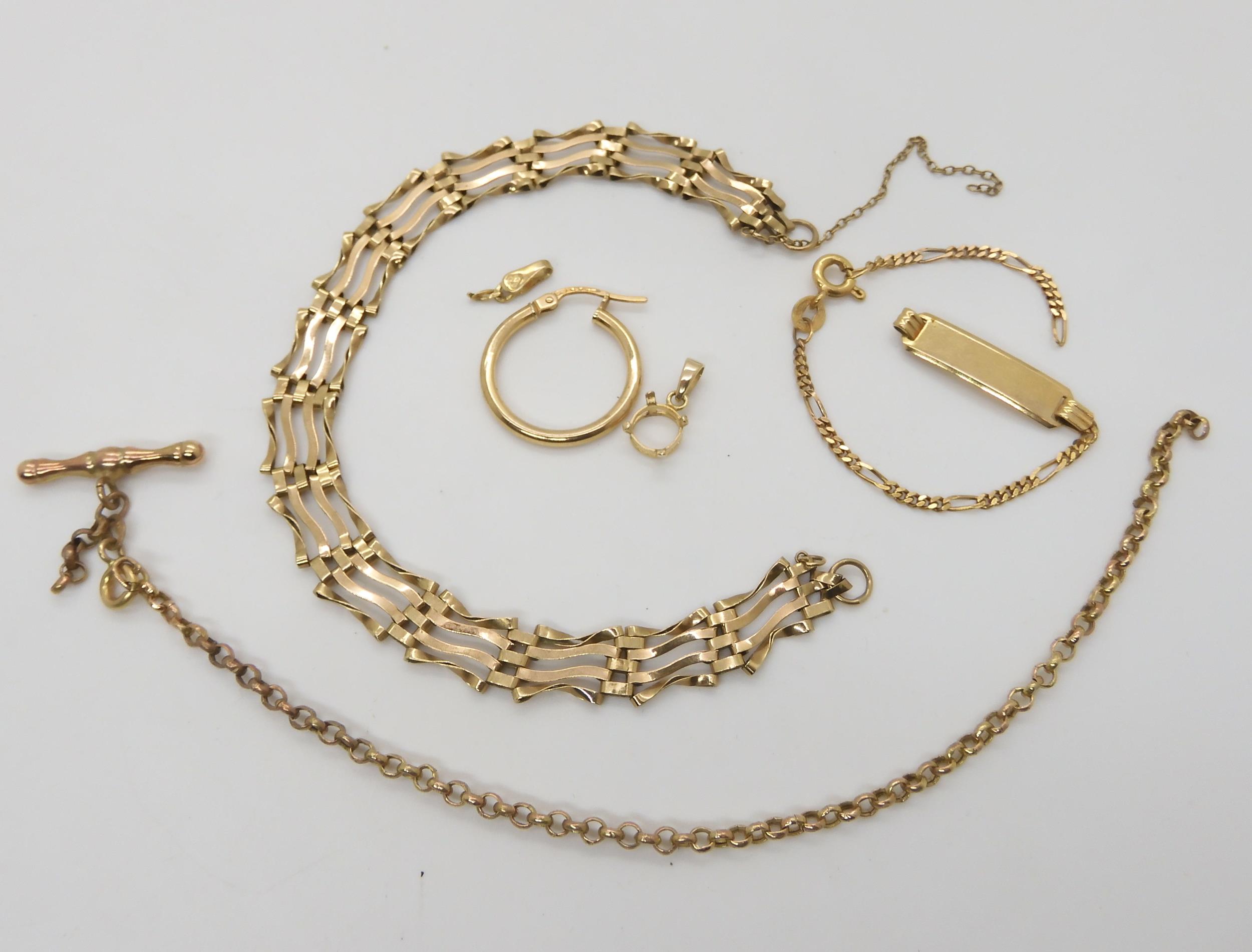 A collection of 9ct gold and yellow metal to include a gate bracelet, weight all together 7.9gms - Image 2 of 2