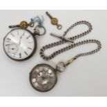 A silver open face pocket watch with a decorative silver dial, and silver fob chain, diameter of the