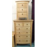 A contemporary blonde oak bow front chest of five drawers, 121cm high x 81cm wide x 49cm deep and an