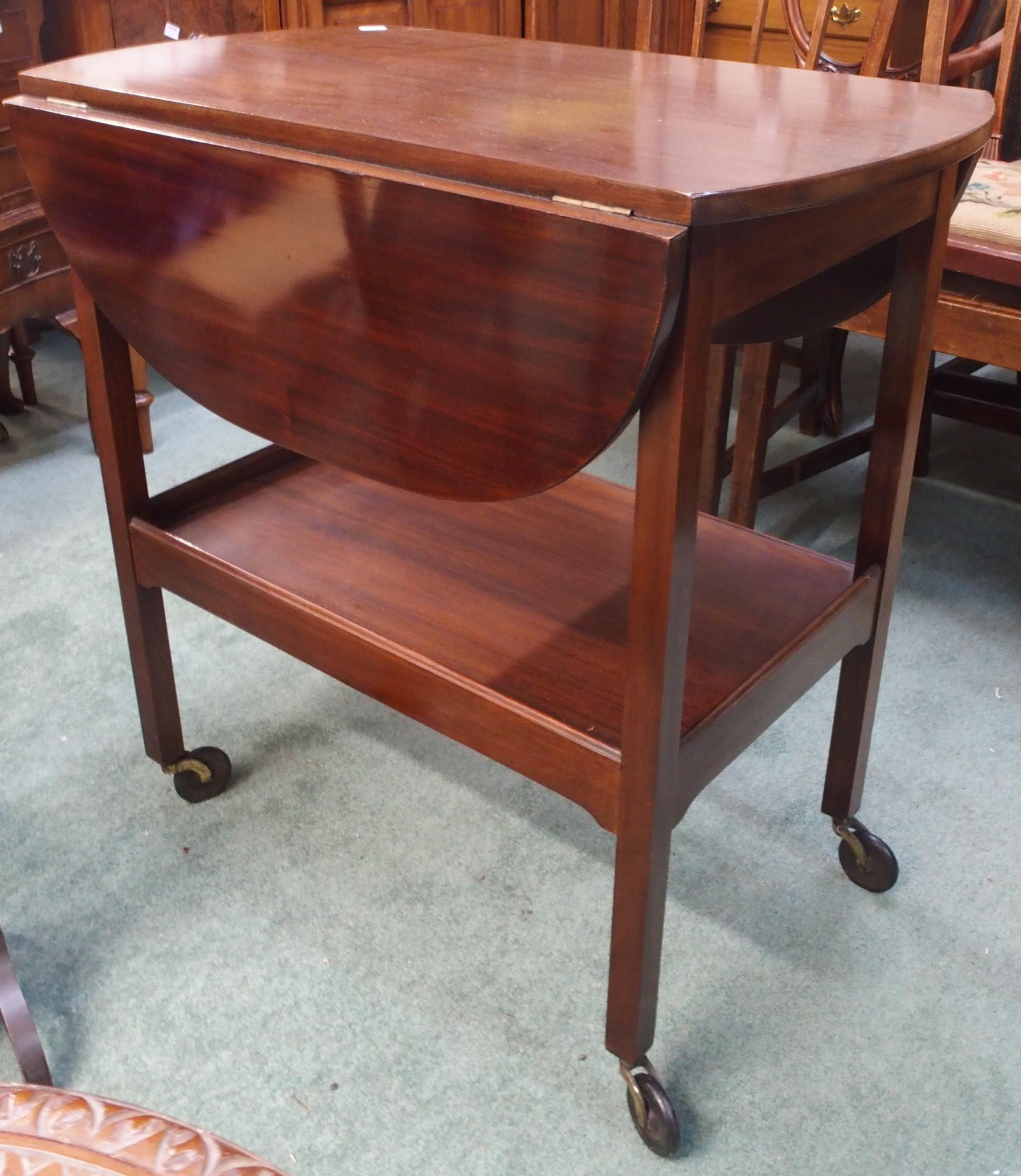 A Victorian circular stool on turned stretchered supports, mahogany trolley, three tier folding cake - Image 5 of 5