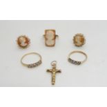 A 9ct cameo ring with matching earrings, (finger size N) two 9ct gem set rings and a crucifix,