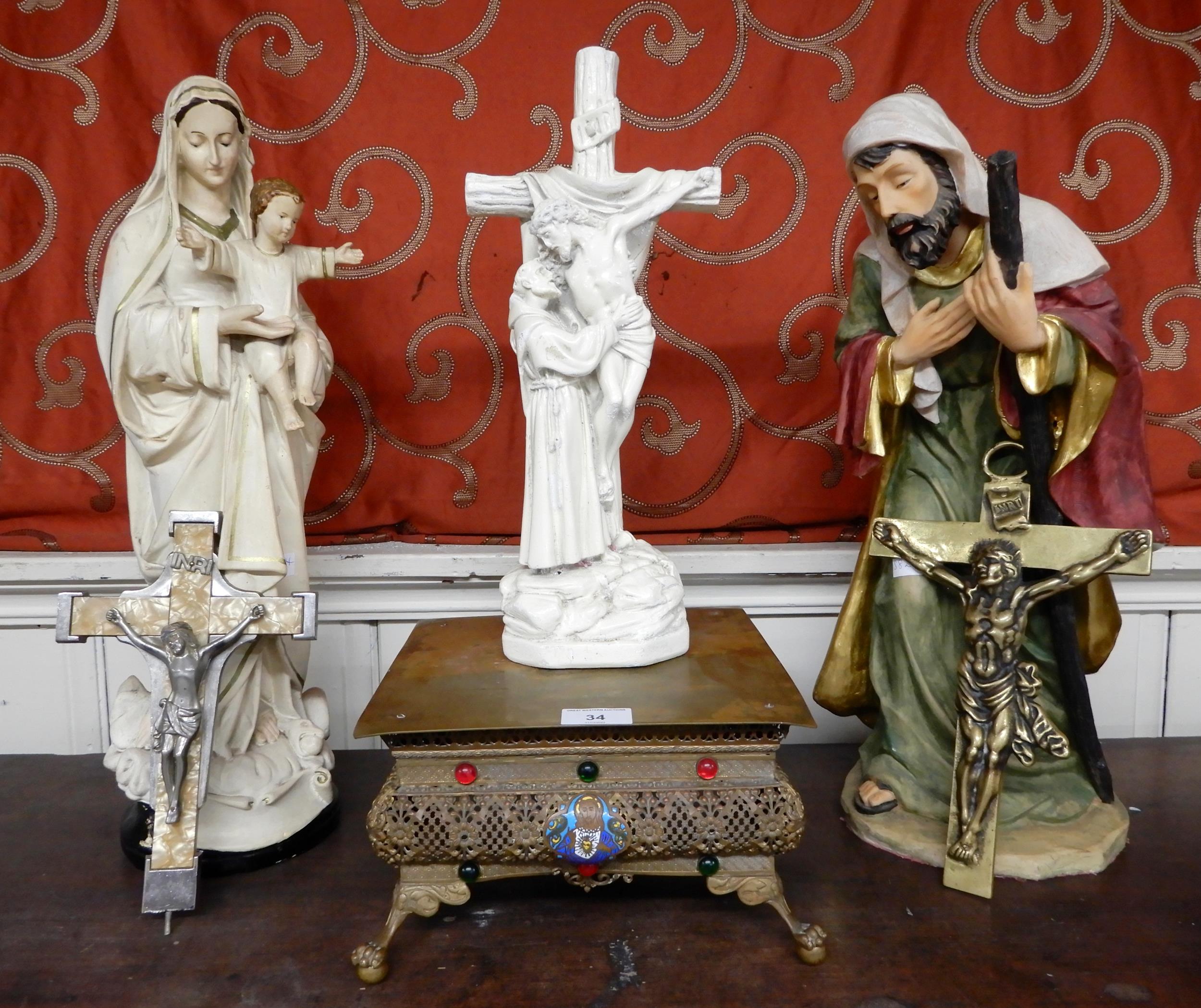 A small mixed lot of ecclesiastical statues including ceramic Mary with infant Jesus, resin saint,