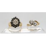 A 9ct gold sapphire and diamond accent ring, size O, together with a 9ct gold cz twin stone ring,