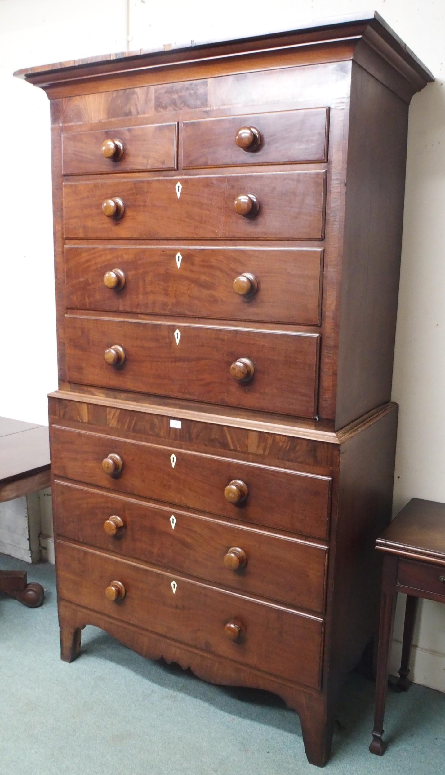 A Victorian mahogany chest on chest with moulded cornice over two short over three long drawers on - Image 2 of 8