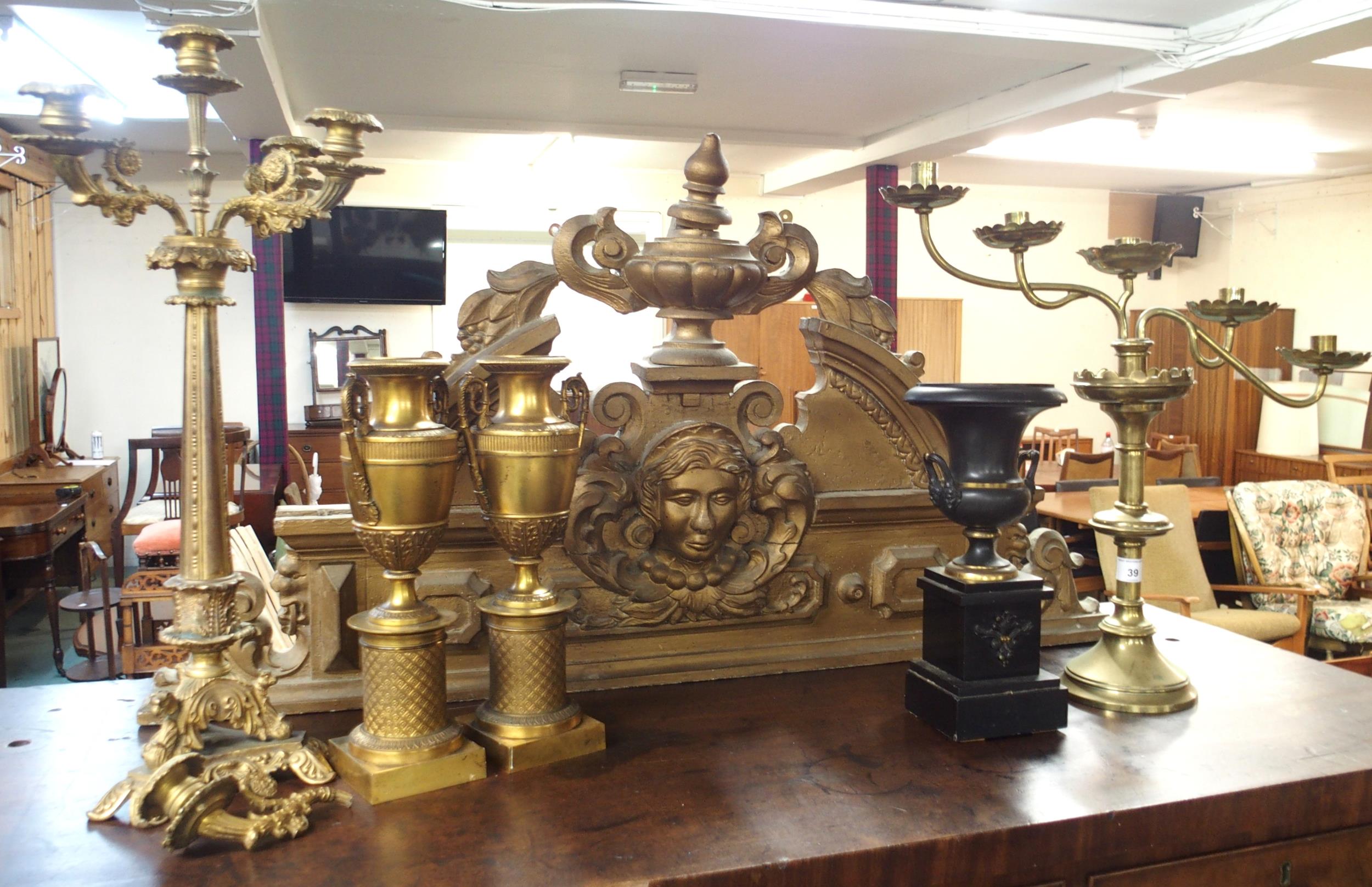 A mixed lot to include gilt gesso surmount, two brass candelabrum, pair of brass urns on plinth - Image 2 of 9