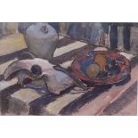 FYFFE CHRISTIE (ENGLISH 1918-1979) TABLE TOP WITH CONCH SHELL HORN AND FRUIT Watercolour, signed