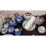 A collection of Japanese ceramics including Satsuma ginger jar, Imari bowls, Kutani teapot, prunus