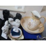 A pair of black glazed wally dugs, a white air of wally dugs, assorted plates and a pottery washbowl