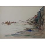 20TH CENTURY SCHOOL SEASCAPE WITH FISHERMEN Watercolour, 36 x 51cm Together with another THE TOWN OF
