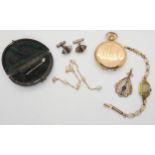A gold plated full hunter pocket watch, a gold plated Edwardian pendant, a gold plated watch and