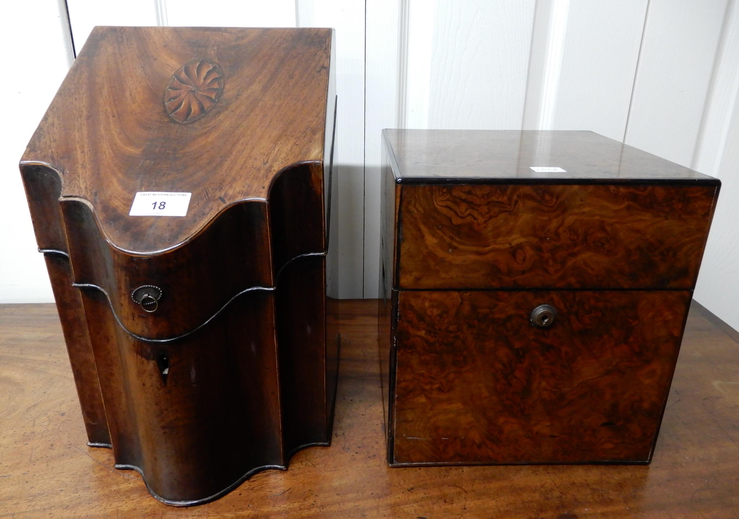 *WITHDRAWN* A 19th century mahogany knife box with original interior liner and a walnut bottle box