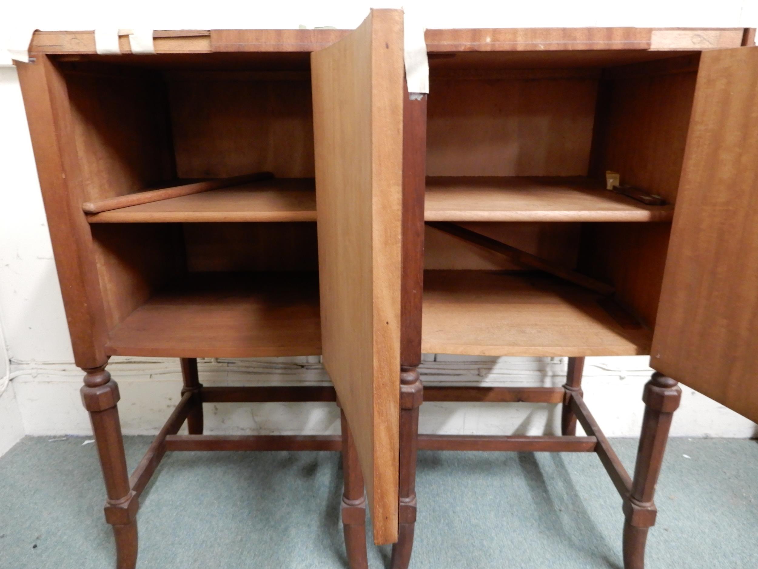 A pair of 20th century mahogany single door bedside cabinets on stretchered shaped supports, 78cm - Image 3 of 4